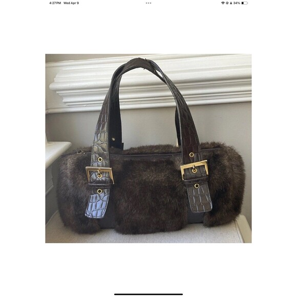 Pritzi Faux Fur Shoulder/Satchel Double Handle Handbag Brown 14” W x 5”D x 7” H - Picture 1 of 10
